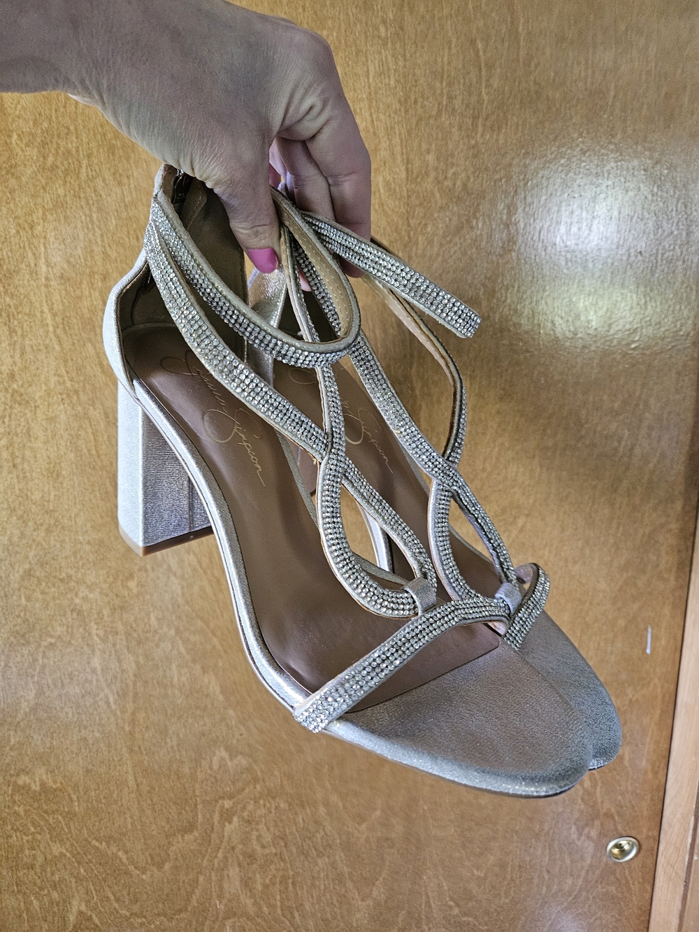 Jessica Simpson Champagne Rhinestone-Strap Block Heels